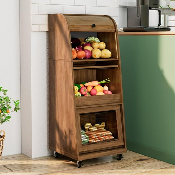 Movable Potato & Onion Storage Bin, Mid Century Modern Wood Pantry Cabinet with Sliding Door, Wheels & Bread Storage, Walnut
