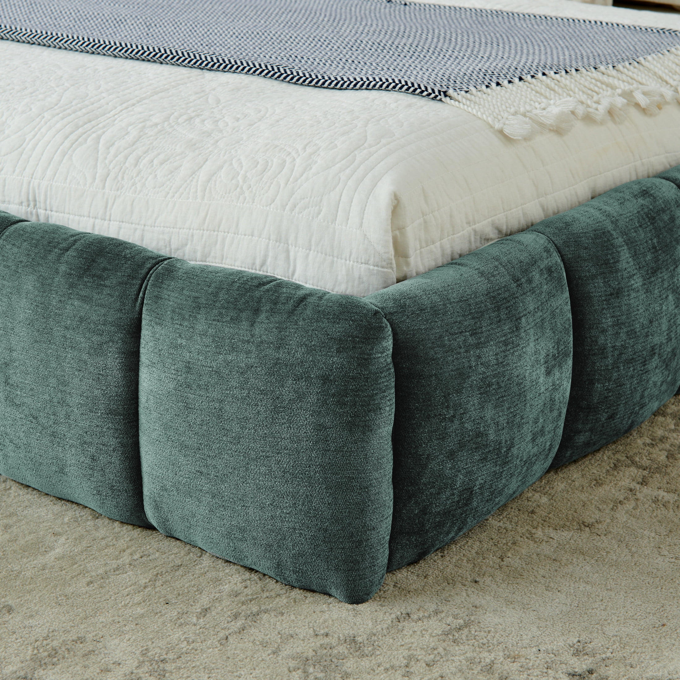 Noble House Oprah King Size Chenille Upholstered Bed Frame, Modern Solid Frame Grounded Platform Bed, Green