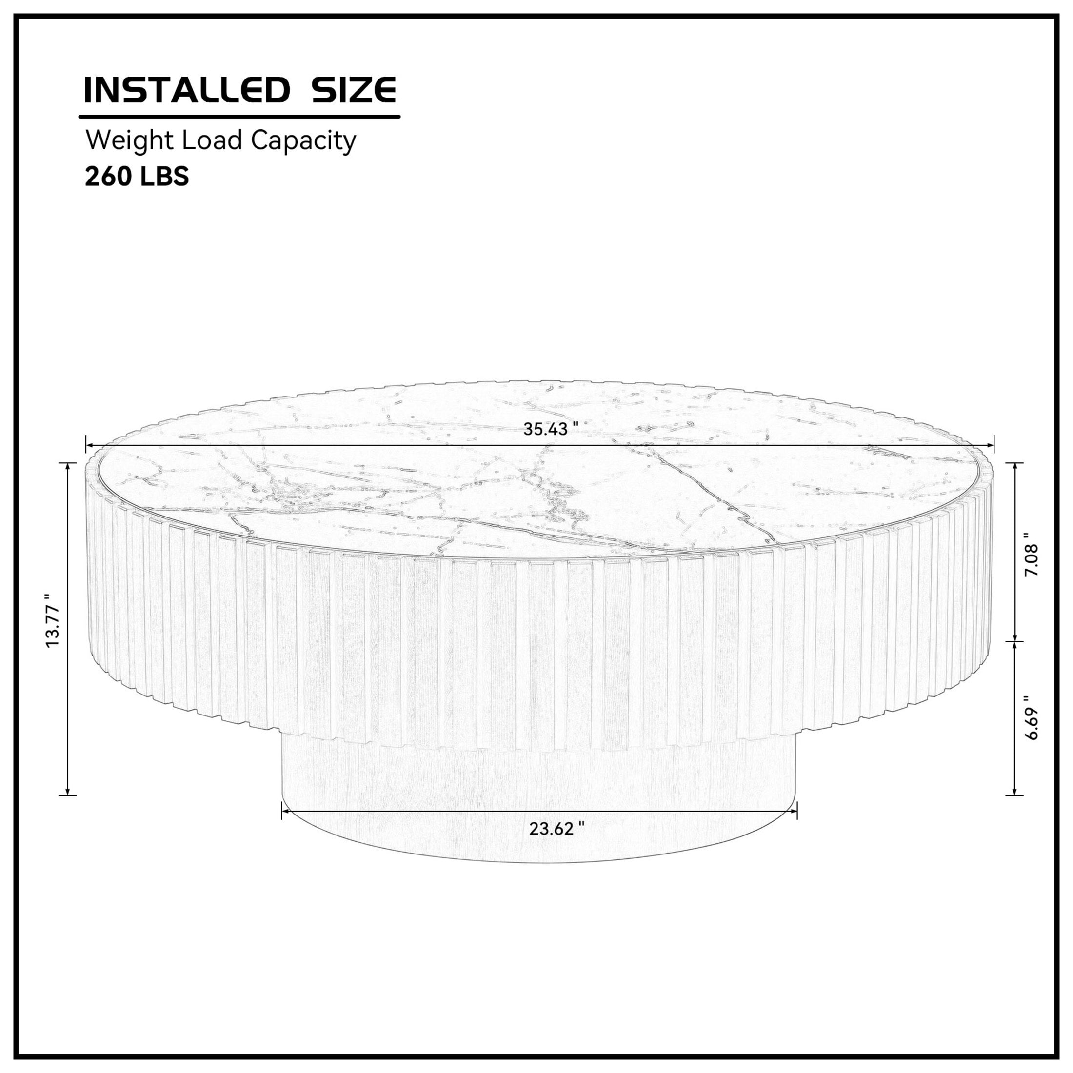 Noble House 35.43" Round Sintered Stone Coffee Table, Fluted Drum Pedestal, Modern Design for Apartment, Natural Ash