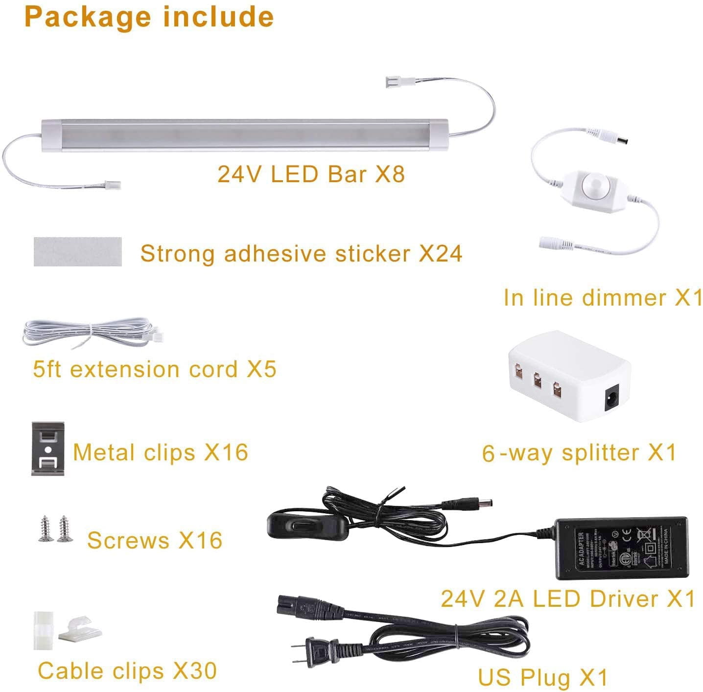 11 Inches LED Under Counter Lighting Kit, Dimmable Cabinet Strip Lighting Fixture DC 24V(8 pcs)