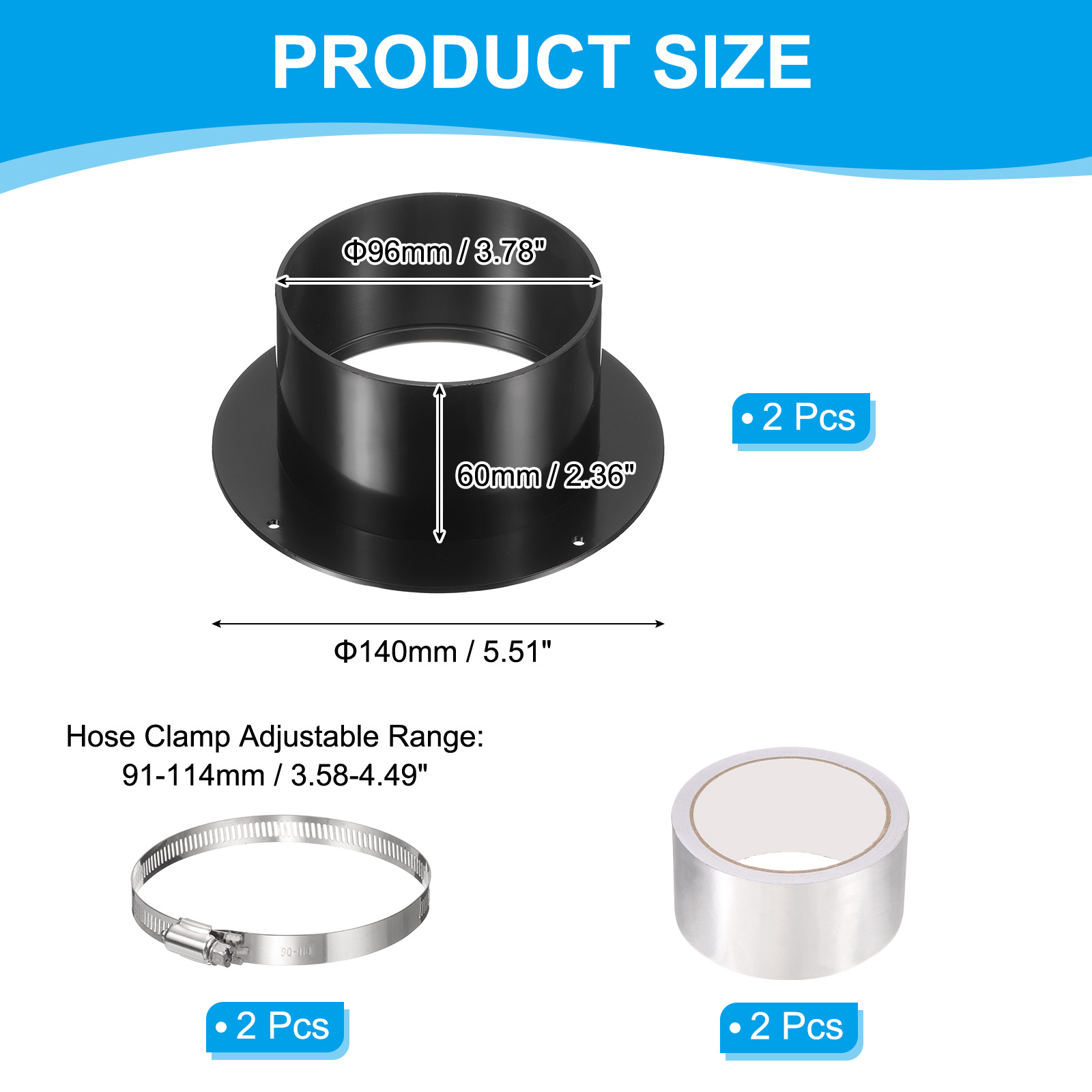 Uxcell 4" Duct Connector Flange, 2 Pack ABS Plastic Straight Pipe Flange with Clamp, Black