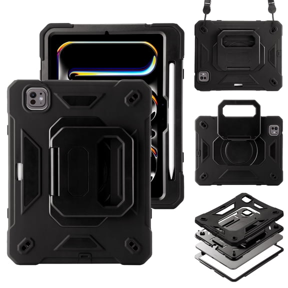 Kickstand Case for iPad Pro 11 Inch (M5/M4) 2025/2024 6th/5th Generation, Heavy Sturdy Shockproof Kids Cover, with 360°Rotating Stand/Pen Slot/Shoulder Strap Girls (Black)
