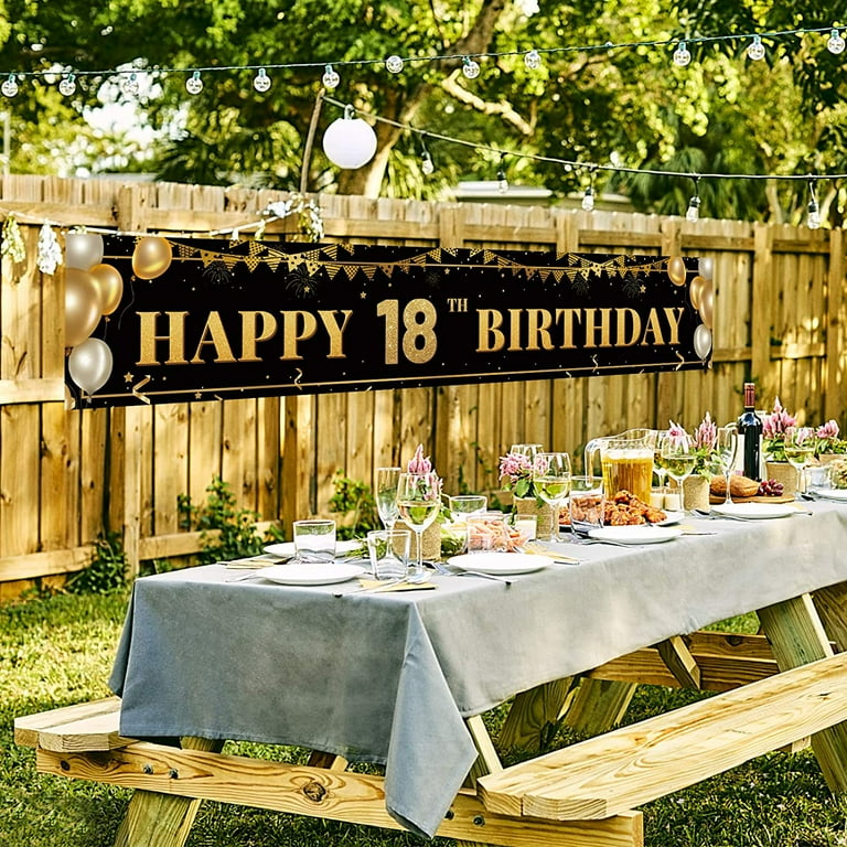 Large Happy 18th Birthday Decoration Banner, Black and Gold Happy 18th Birthday Banner Sign, 18th Birthday Party Decorations Supplies(9.8x1.6ft)