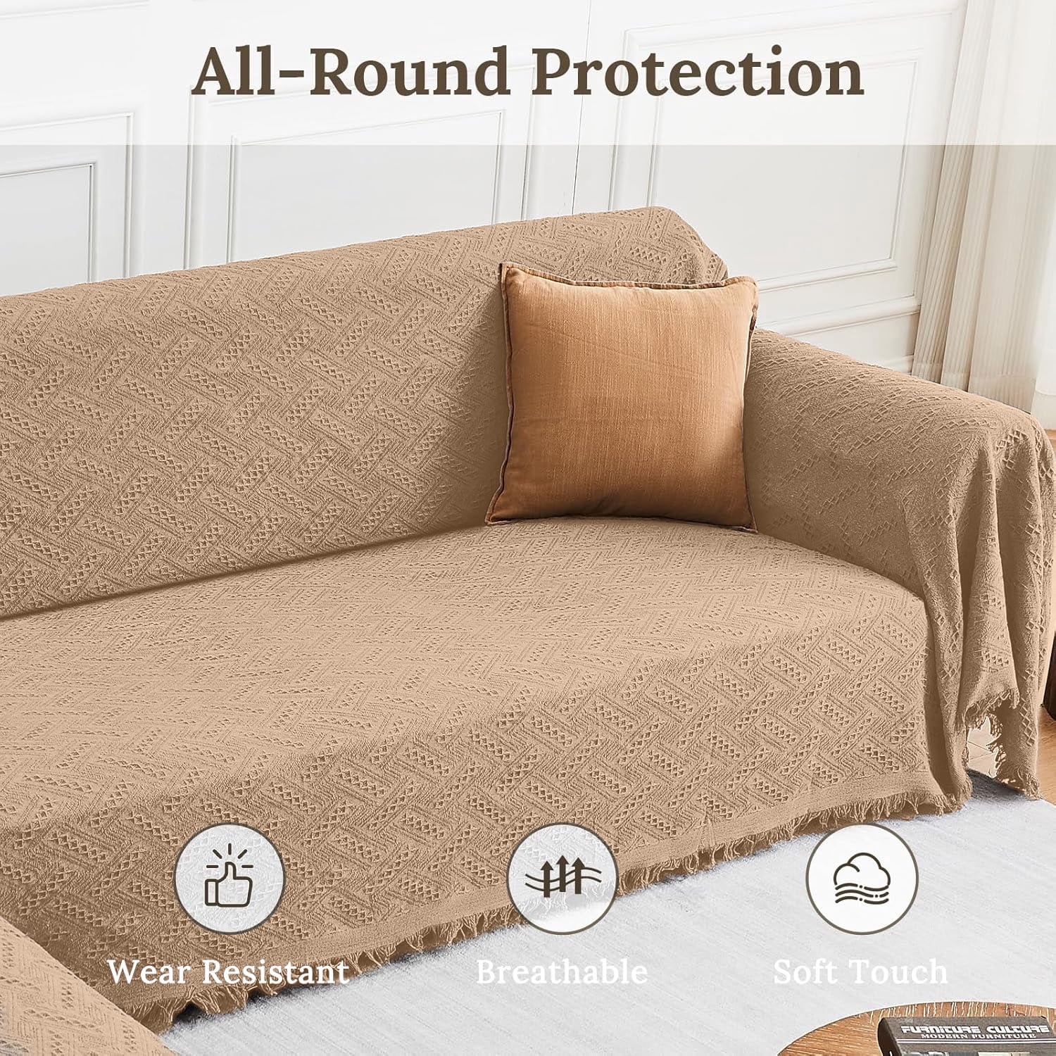 Sanmadrola Couch Cover for 2 Seat Sofa Slipcovers Cover Cotton Knit Cushion Couch Furniture Pet Protector Stylish Throws for Sectional Couch Sofa-2 Seater Geometrical 71''x 118''Khaki 1 Piece