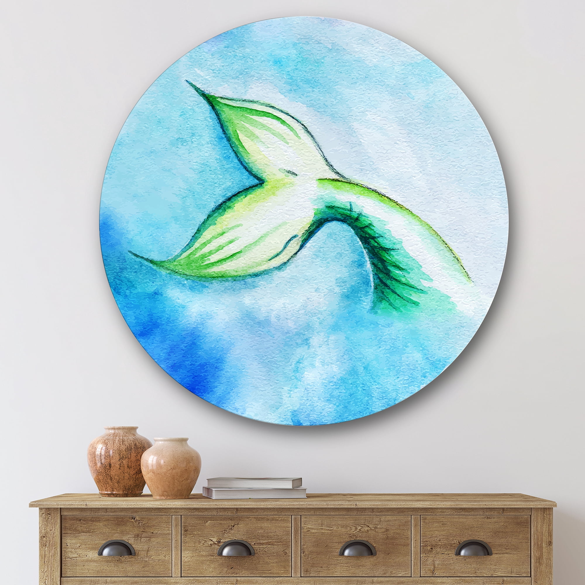 Designart 'Mermaid Green Fish Tail' Nautical & Coastal Circle Metal Wall Art 36x36 - Disc of 36