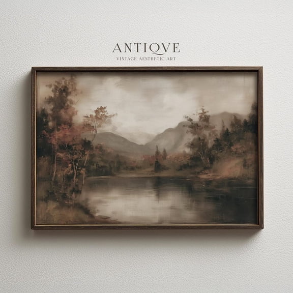 Vintage Autumn Landscape Rustic Mountain Lake Wall Art Moody Cottagecore Poster Wall Art for Decor Present