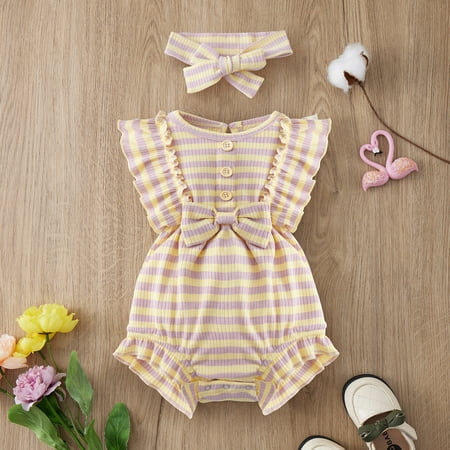 

Maxcozy Baby Girls Ribbed Ruffle Sleeve One-Pieces Jumpsuit Romper with Headband 0/3 Months-18 Months