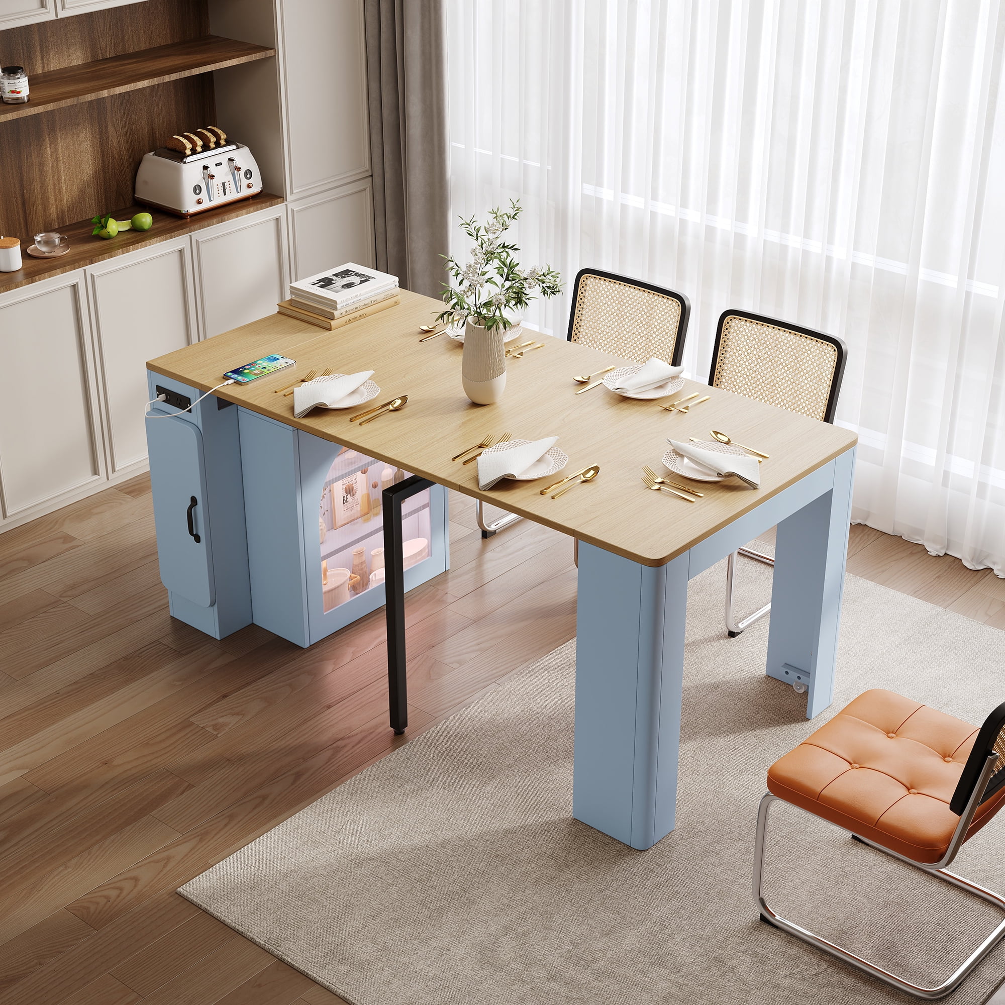 Euroco 59" Extendable Dining Table with 3 Removable Leaves for 4,Mobile Rolling Island Table with Power Outlet and Saving-Space Cabinet for Kitchen Living Room,Grey-Blue