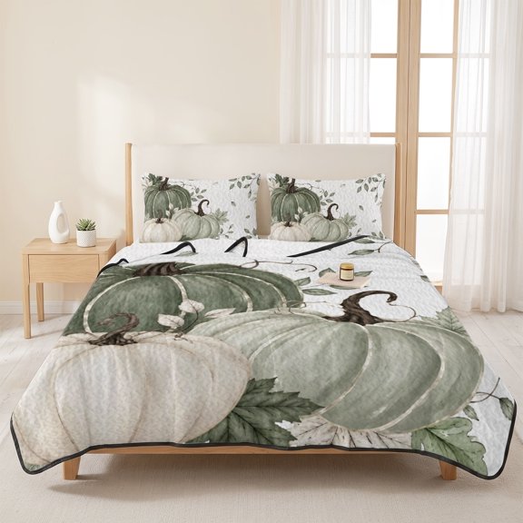 3 Pieces Queen Quilt Set,Thanksgiving Watercolor Pumpkin Soft Bedding Sets with 1 Quilt & 2 Pillow Shams,Fall Foliage Maple Leaves Summer Bedspread Lightweight Coverlet Comforter for All Season