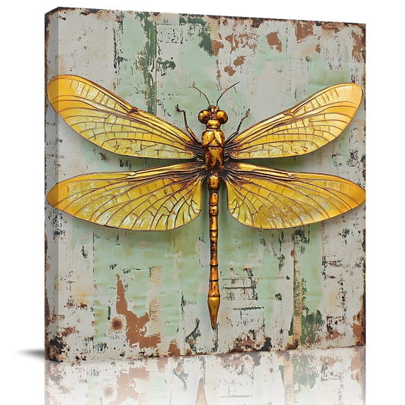 Wall Art Prints, Vintage Dragonfly Framed Canvas Prints for Bedroom Living Room Bathroom Office, Retro Abstract Oil Painting Gallery Wrap Wall Art Poster for Gifts Home Decor 16"x16"