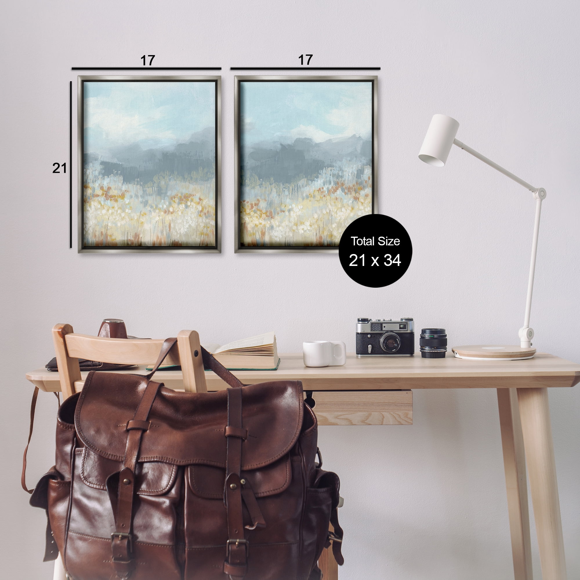 Stupell Industries White Flower Field Mountains Landscape & Nature Painting Gray Floater Framed Canvas Art Print Wall Art, 17 x 21, Set of 2