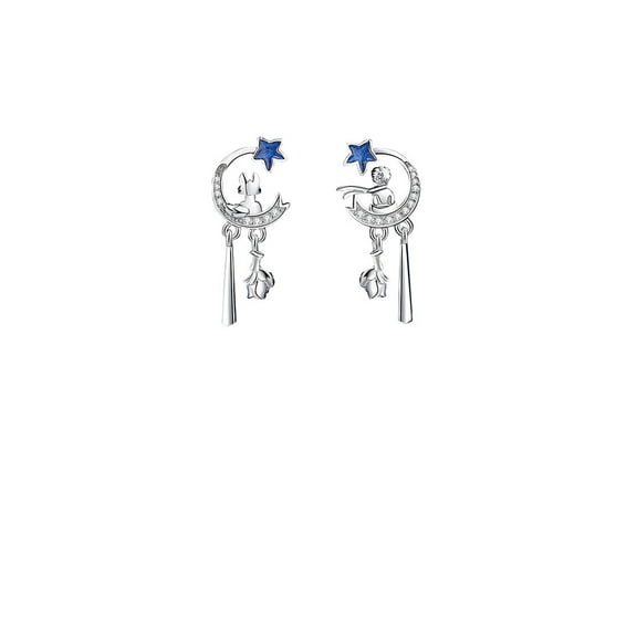 925 Sterling Silver Fashion and Creative Little Prince Moon Tassel Stud Earrings with Cubic Zirconia