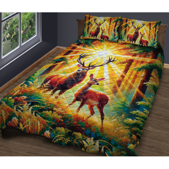 Lotusprinthandmade Deer Hunting Quilt Bedding Set, Fold Hem, 60x70