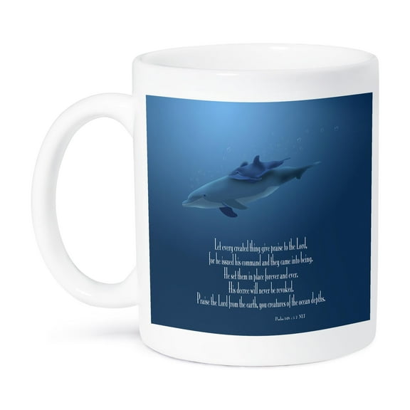 3dRose, Mother and Baby Dolphin swimming in the aqua colored ocean with the Bible verse Psalm 148 v 5-7, 15oz Mug