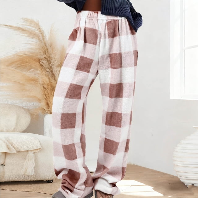 Ceisia men's Plaid Print Flannel Wide Leg Pants, Elastic Waist Casual Winter Trousers with Plush Texture for Ladies Khaki XXXXXL Gifts