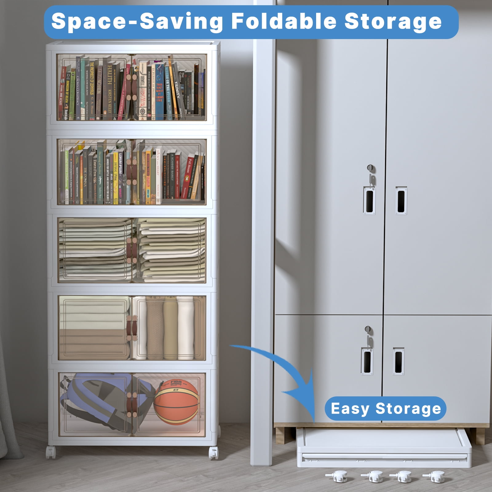 UAMFURI 260QT Stackable Storage Bins with Lids and Wheels, Foldable Closet Organizers, 13GAL*5Pack Plastic Storage Drawers for Office, Bedroom, Dorm