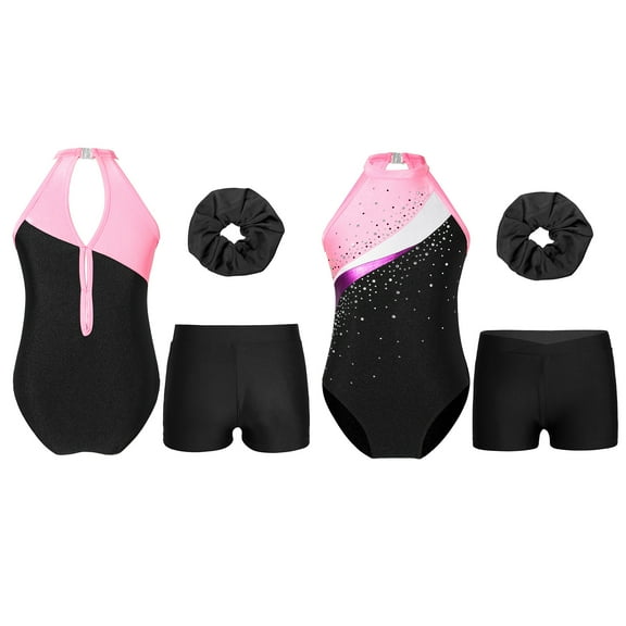 Sinleey Kids Girls Sleeveless Gymnastics Leotard Ballet Dance Athletic Unitard with Shorts Hair Band Black&Pink 6