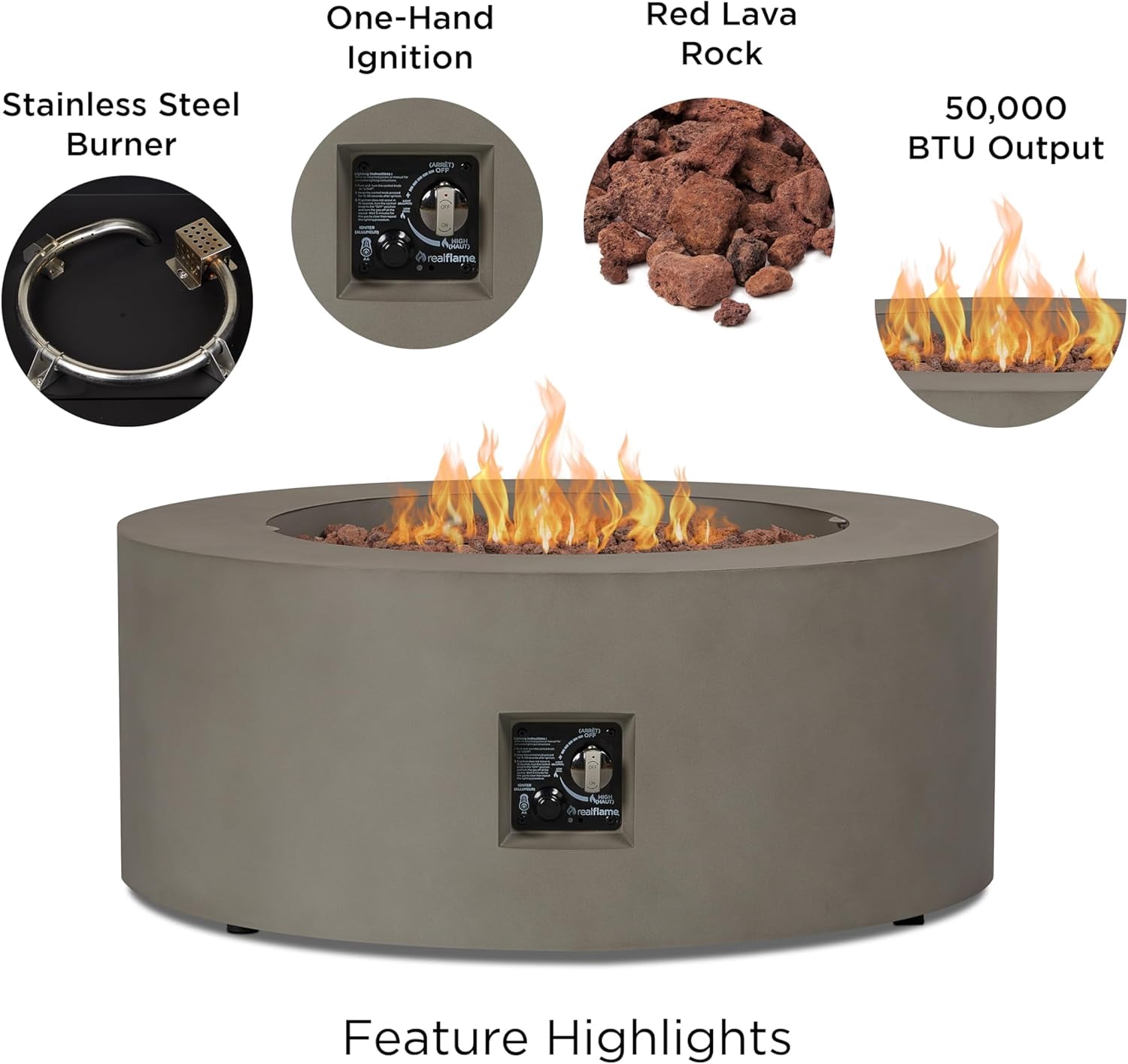 Real Flame Aegean 36" Round Steel Propane or Natural Gas Fire Pit Table in Mist Gray