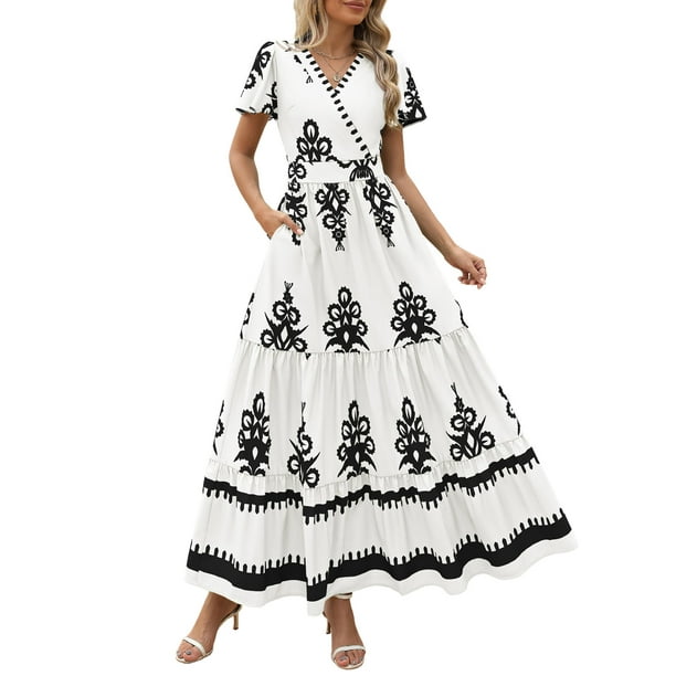 Vestido largo PRETTYGARDEN para mujer, verano 2025, cuello en V, estampado floral