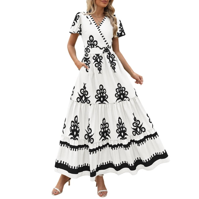 Vestido largo PRETTYGARDEN para mujer, verano 2025, cuello en V, estampado floral