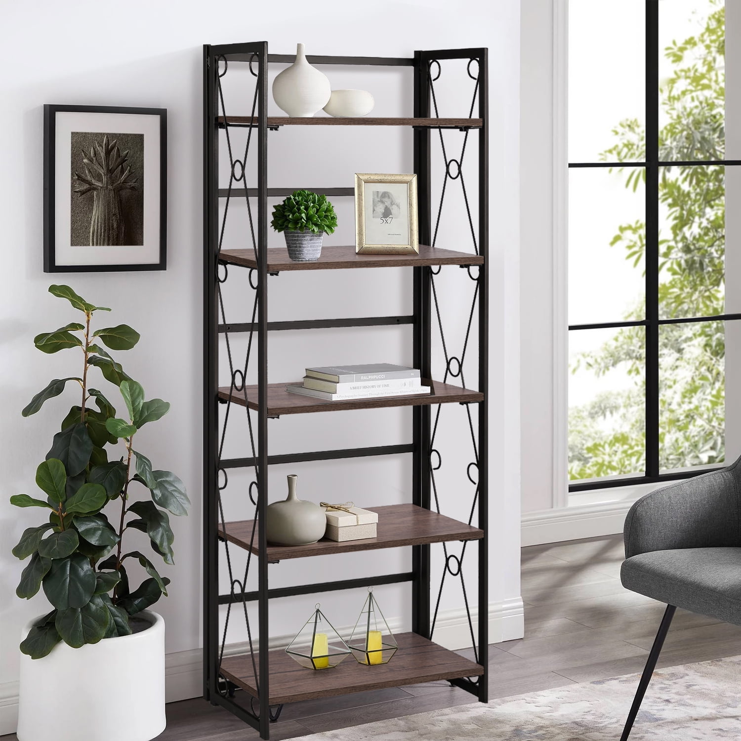Industrial Folding Book Shelf Office Sturdy Metal and Durable MDF Wood Bookshelf 4-Tier No-Assembly Foldable Storage Shelves for Living Room Black 1-Pack Decorative Racks and Bedroom