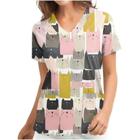 

Scrub Tops Women 2022 Animal Print Nurse Uniforms Short Sleeve V-Neck Medical Scrub Shirts Pockets