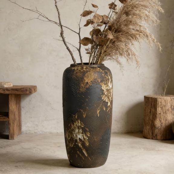 Rustic Ceramic Tall Floor Vase 15.7 Inch Black Large Pottery Farmhouse Decor for Living Room Entryway Centerpiece Vintage Terracotta Wedding Gift