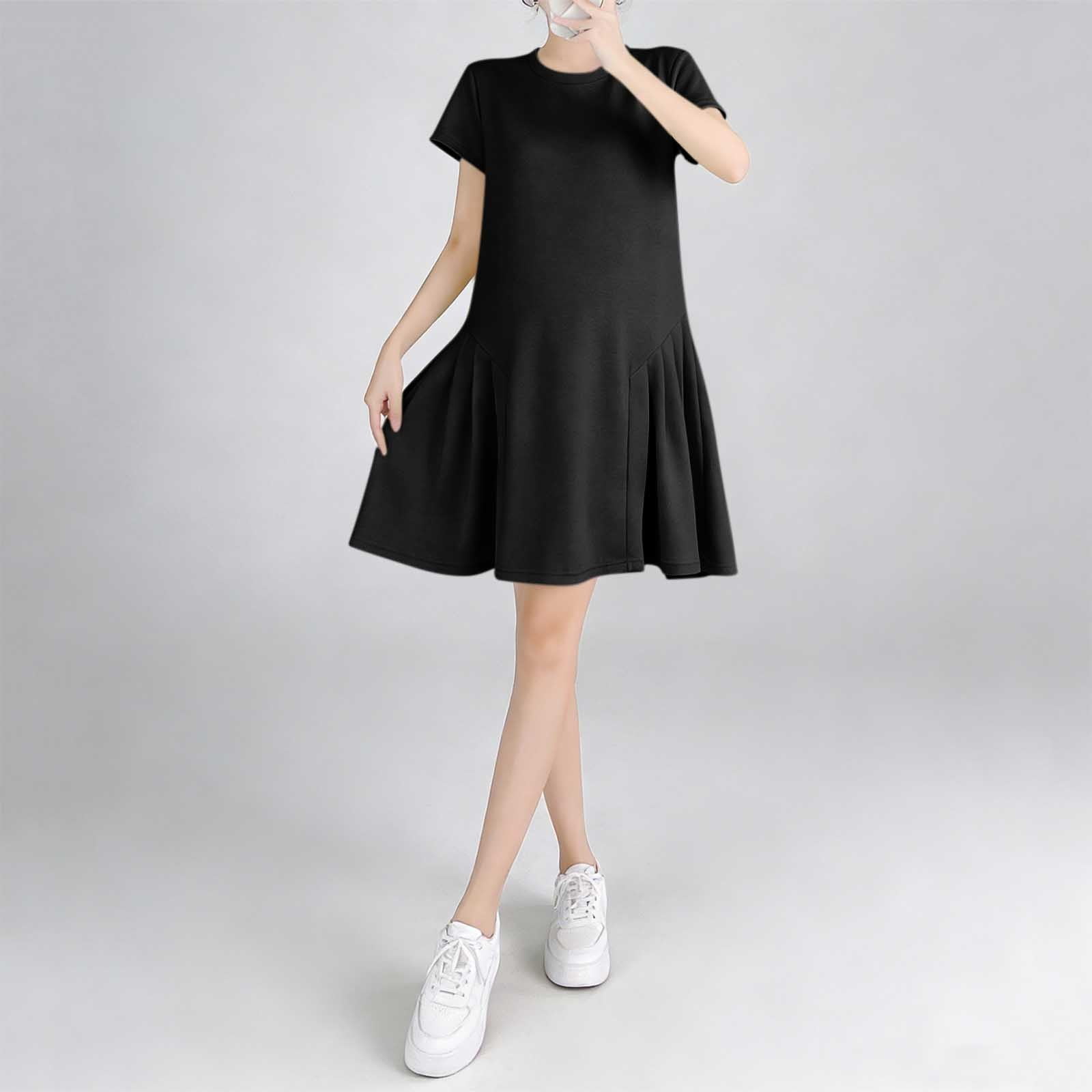 Fnooota Womens Maternity Summer Dresses, Short Sleeve Holiday Loose Fit Mid-length Pregnancy Dresses Black Size M