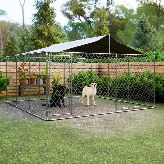Large Outdoor Dog Kennel, Heavy Duty Galvanized Steel Dog Enclosure with Waterproof UV-Resistant Cover, Lockable Door Chain Link Playpen for Small to Large Pets (177.6" L x 177.6" W x 91.2" H)