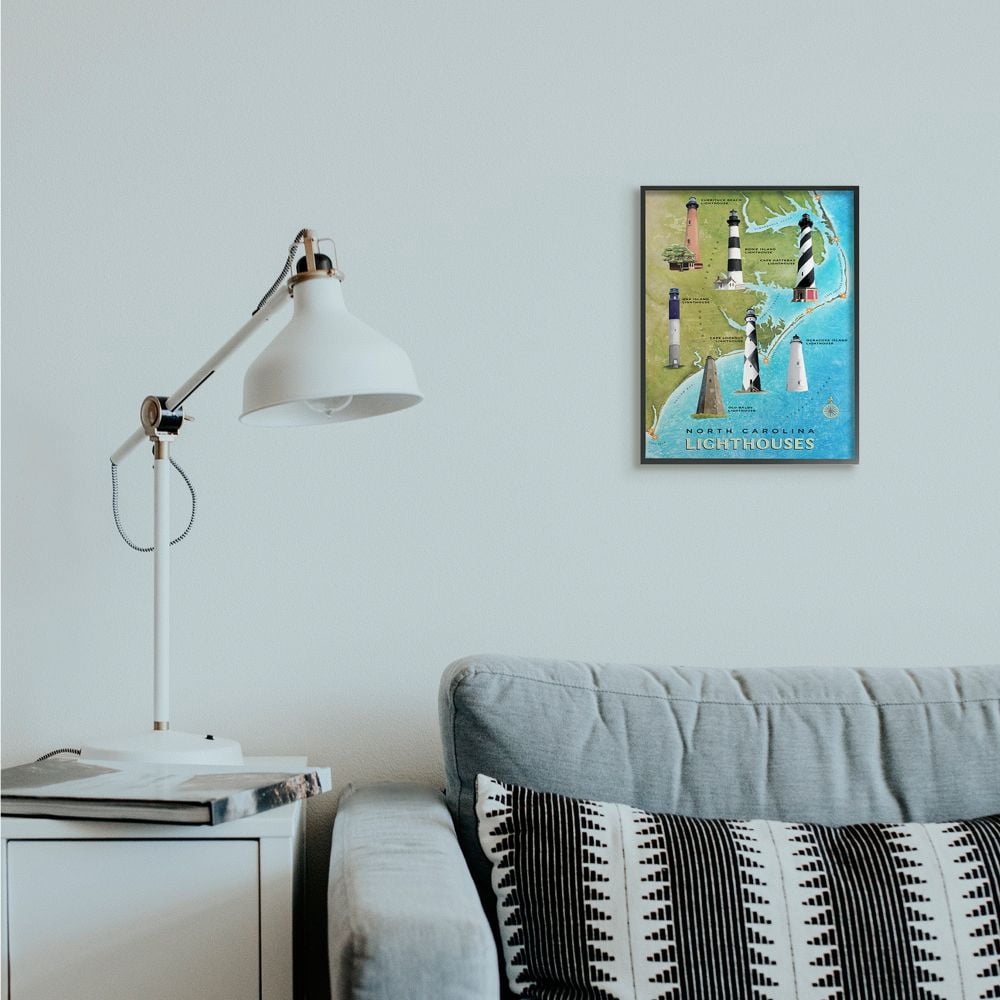 Stupell Industries Map of Lighthouses in North Carolina Coastal Design Framed Wall Art Design by Art Licensing Studio, 11" x 14", Black Framed