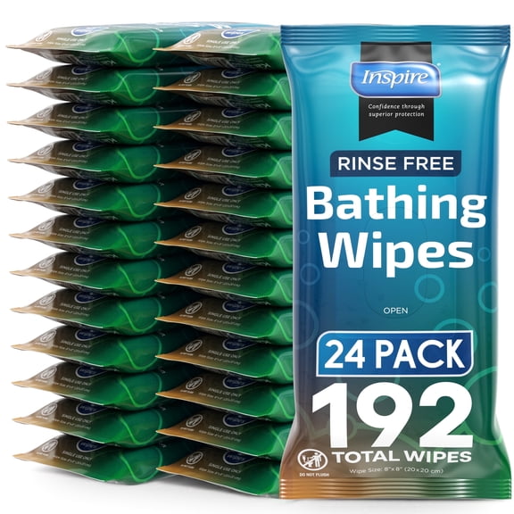 Body Wipes for adults bathing rinse free | Adult Wash Cloths Extra Large, Bathing Wipes for Incontinence, 8"x 8" In (192 count Bulk Pack) | By Inspire