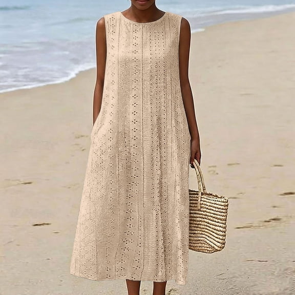 QUNYINEY Long Sun Dresses Women A Line Summer Casual Sleeveless Tank Dress Crew Neck with Pockets Solid Cutout Loose Fit Dresses