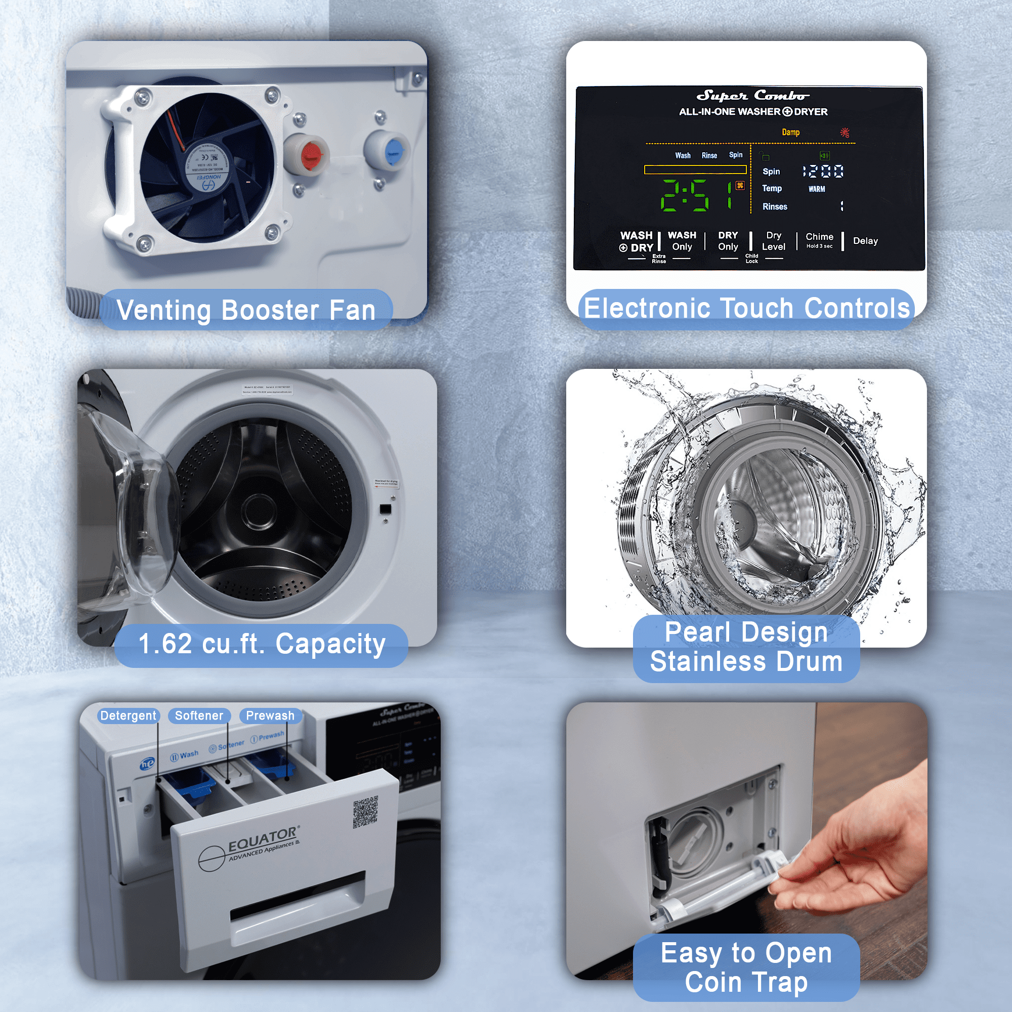 Equator Silver All-in-One Washer Dryer VENTED-DRY 30% FASTER than Condense 15lb 110V with Pet Cycle,Dual Fans and Adjustable Legs