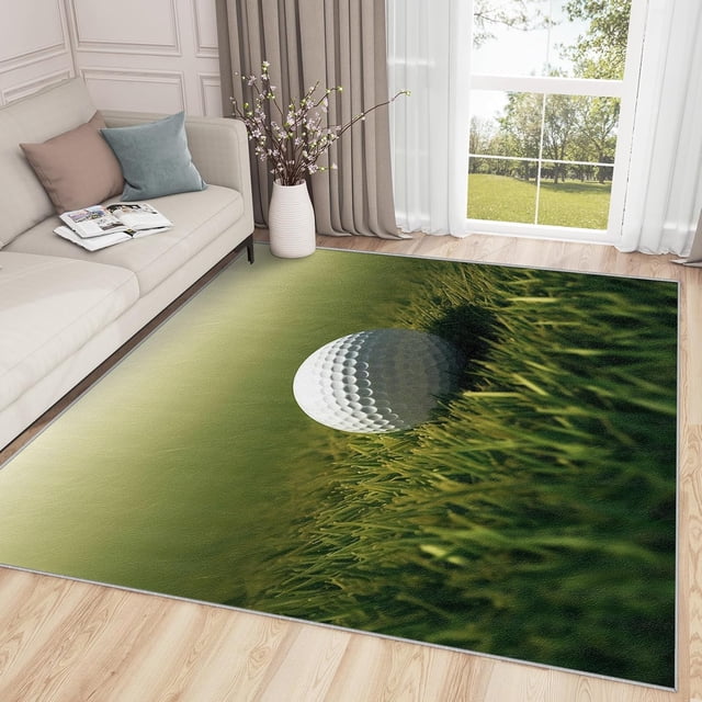 Sports Golf Area Rugs, 3D Ball Green Carpet, Washable Non Slip Low Pile Soft Rug for Living Room Bedroom Decor Mat 5ftx8ft
