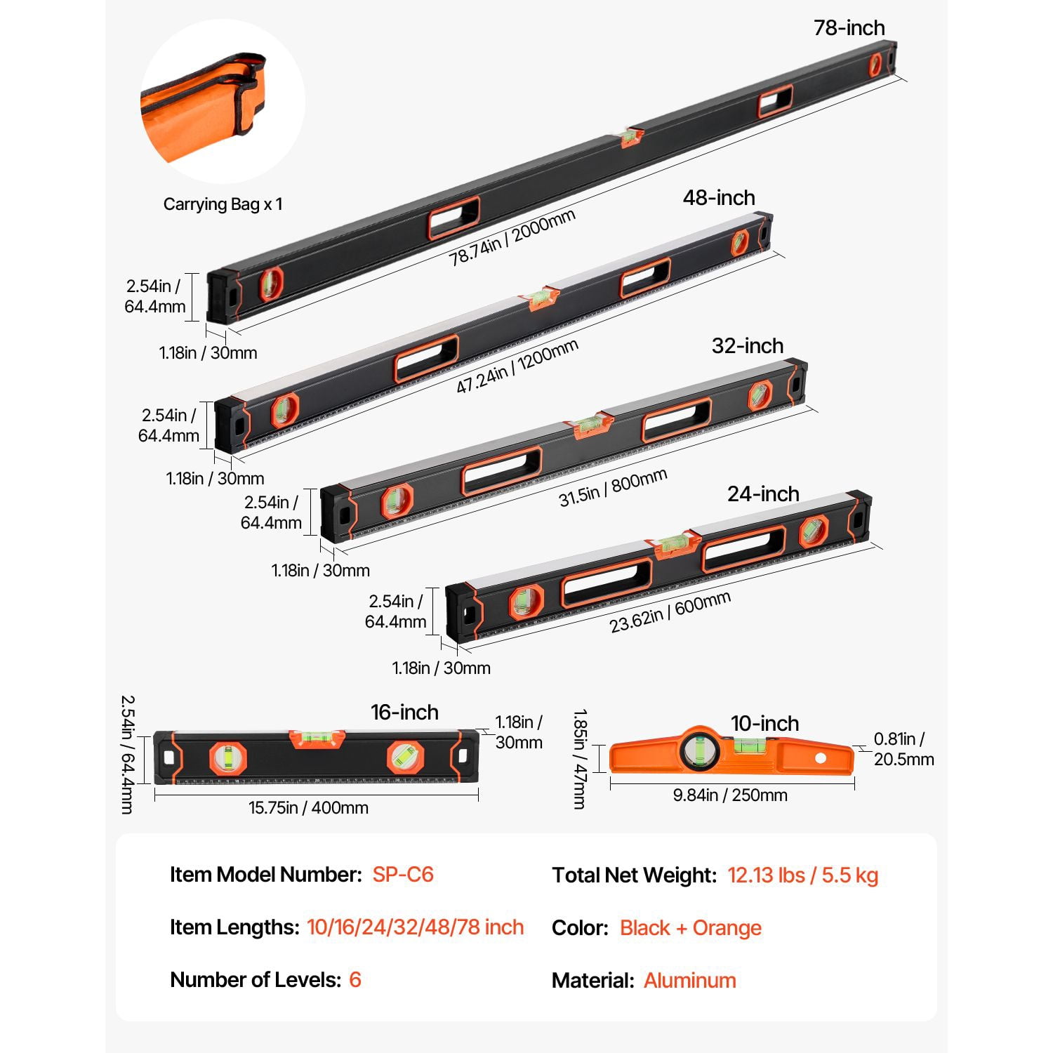 6 Pack Magnetic Torpedo Level Set 10/16/24/32/48/78 Inch, Aluminum Box Level with 3 High Precision Bubble Vials for 0°/45°/90°, Shock Resistant Spirit Level Tool with Storage Bag