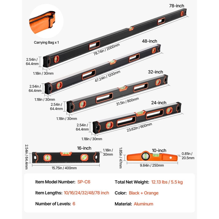 AsterOutdoor 6-Piece Magnetic Torpedo Level Set, 10-78 Inches photo 8