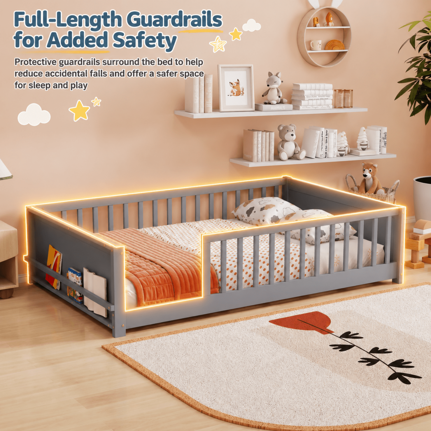Miniyam Full Size Kids Floor Bed with Guardrails and Bookshelf, Wooden Low Profile Bed, Gray