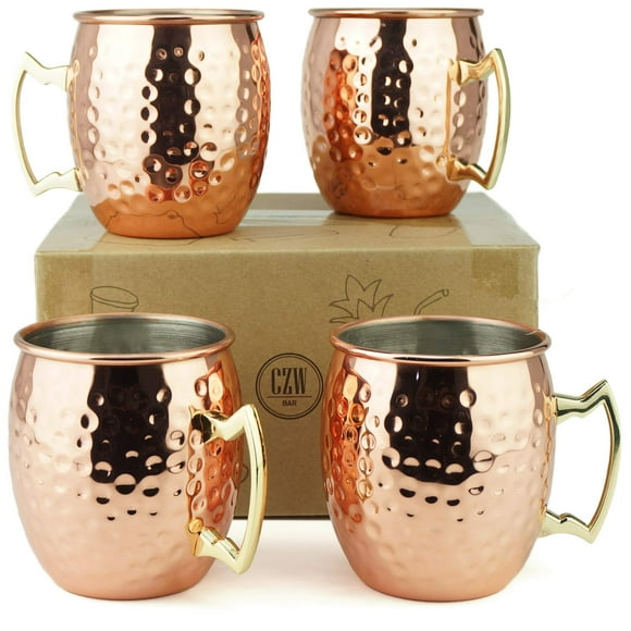 PG Moscow Mule Mugs | Large Size 19 ounces | Set of 4 Hammered Cups | Stainless Steel Lining | Pure Copper Plating | Gold Brass Handles | 3.7 inches Diameter x 4 inches Tall