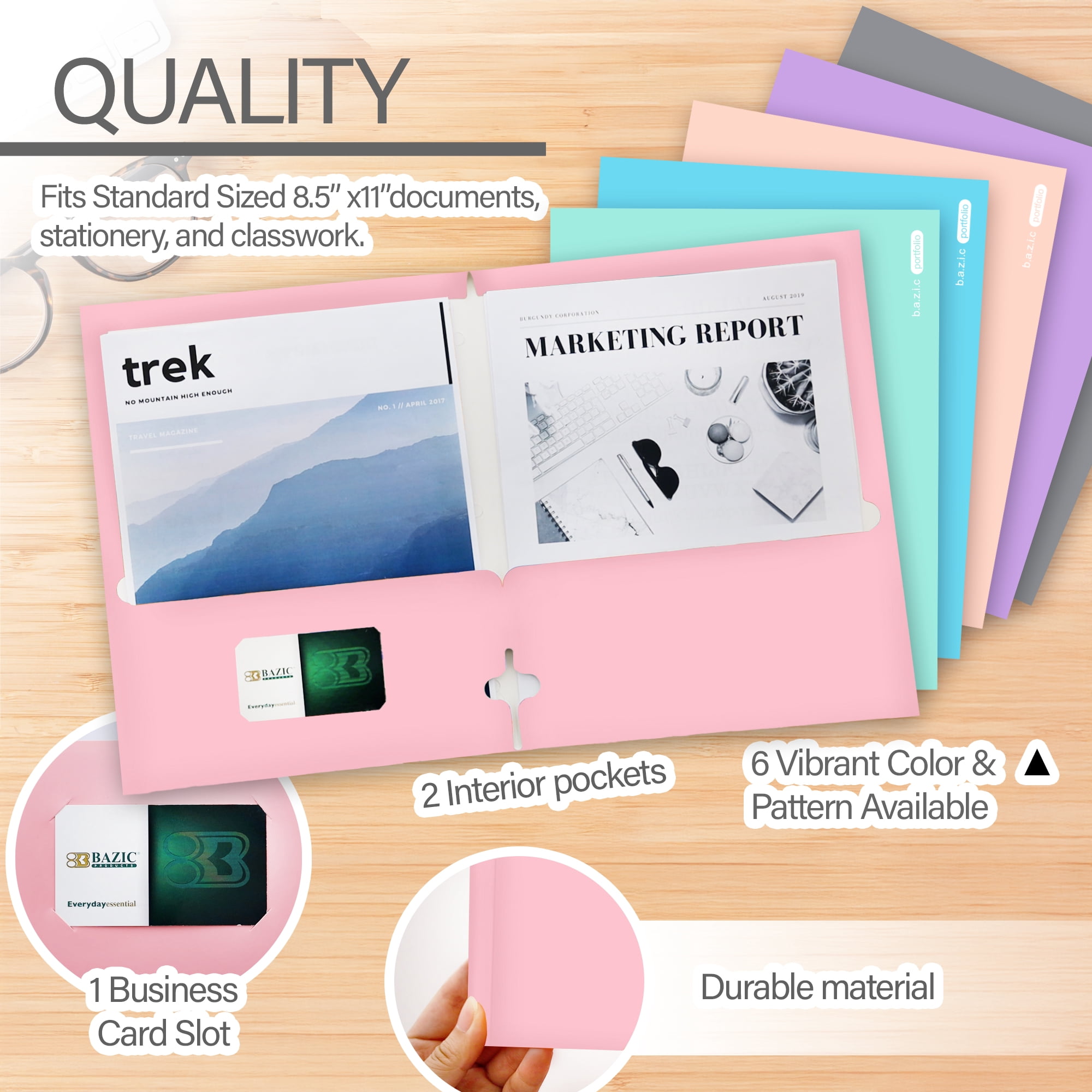BAZIC 2 Pockets Paper File Folder, Laminated Glossy 3 Hole Portfolio, Assorted Pastel Colors Letter Size, 48-Pack