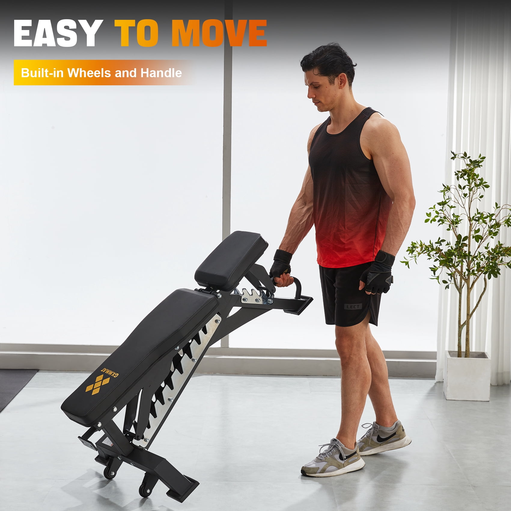 GXMMAT Adjustable Weight Bench, Heavy Duty Workout Bench for Body Strength Training and Garage Gym, Home Gym Exercise Equipment with Wheels, Quick Installation, Can Be Stored Upright
