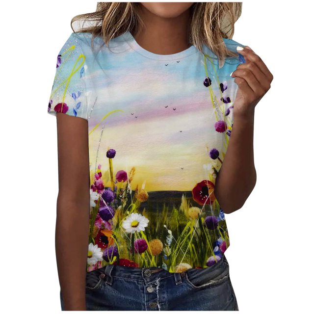 Birdeem T-Shirt Décontracté à Manches Courtes Imprimé Plissé Col Rond Ample pour Femmes