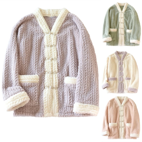 Bovxnpu Women's Winter Warm Pajama Cardigan Top Plushed Thick Flannel Warm Long-Sleeve Casual Loungewear Sleepwear
