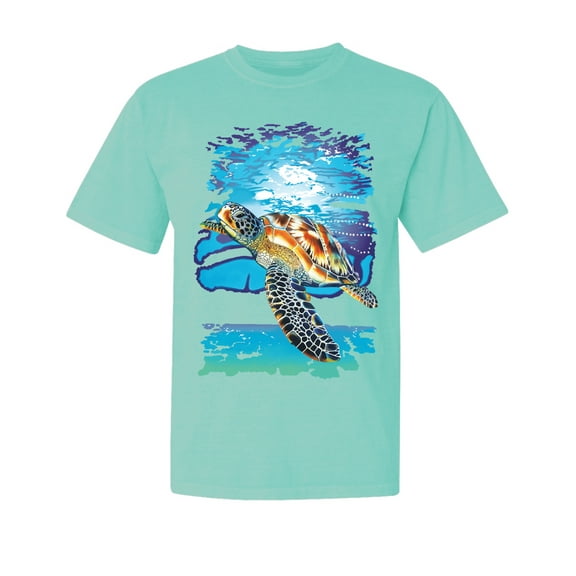 Wild Bobby, Swimming Sea Turtle, Garment-Dyed Washed Look Short Sleeve Tees, Mint, Small