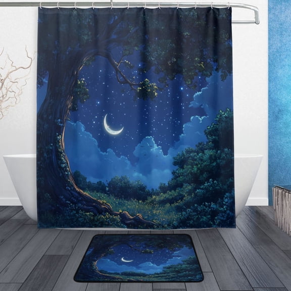 Bath Curtain & Non-Slip Bath Mat Set 12-Grommet Shower Curtain Memory Foam Bath Rug Starry Sky Moonlight