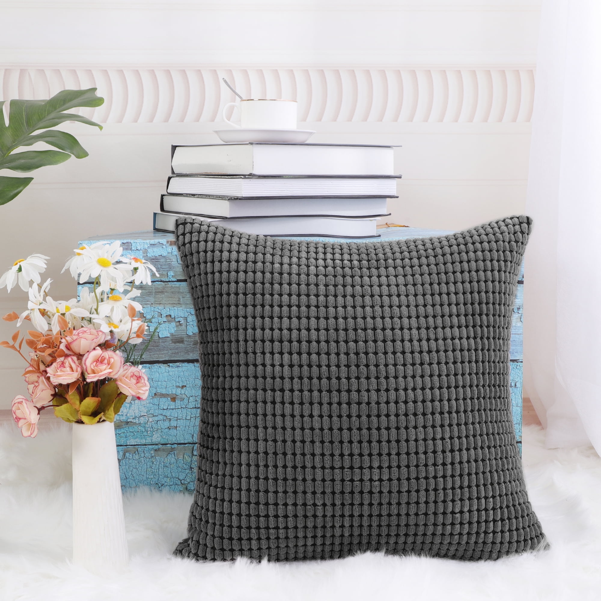 Unique Bargains Texture Solid Decorative Throw Pillow Cover Dark Grey 20" x 20"