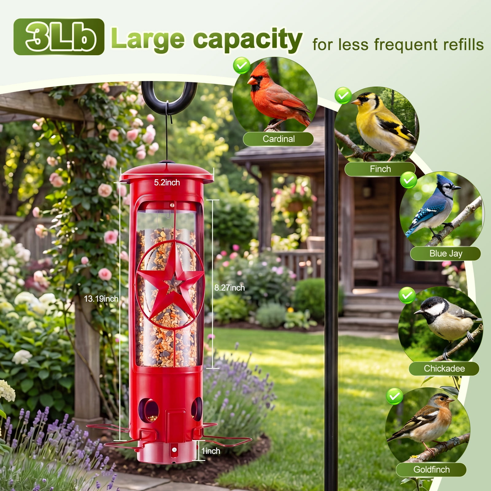 Squirrel Proof Bird Feeders for Outdoors Hanging, Metal Squirrel Proof Bird Feeder with Gravity Protection, 3LB Large Capacity Wild Bird Feeders for Outside Finch, Cardinal, Blue Jay