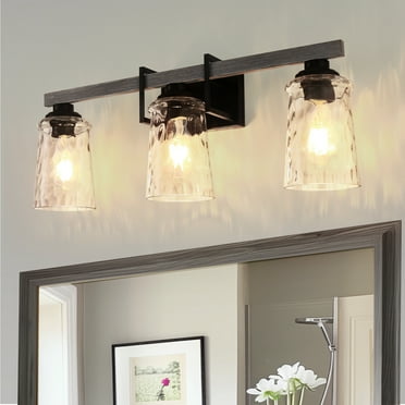 LOHASLED 26 in. 3-Light Black and Wood Grain Rustic Farmhouse Bell Vanity Light – Water Glass Shades for Bathroom Mirrors