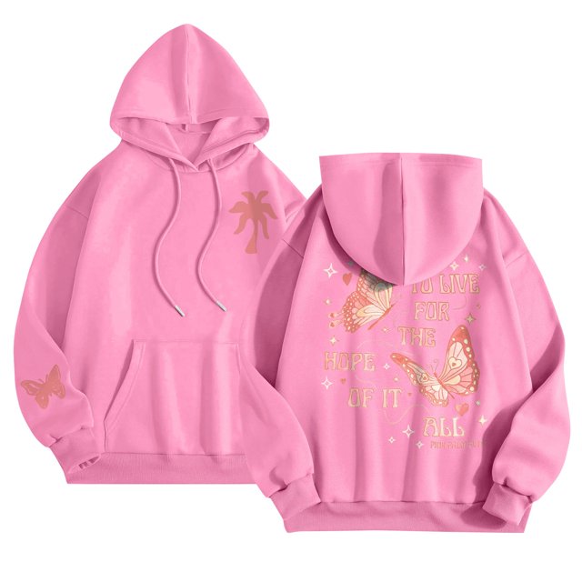 Pink Graphic Hoodie for Women 2024 Cute Preppy Sweatshirt Long Sleeve Drawstring Pullover Tops with Pockets