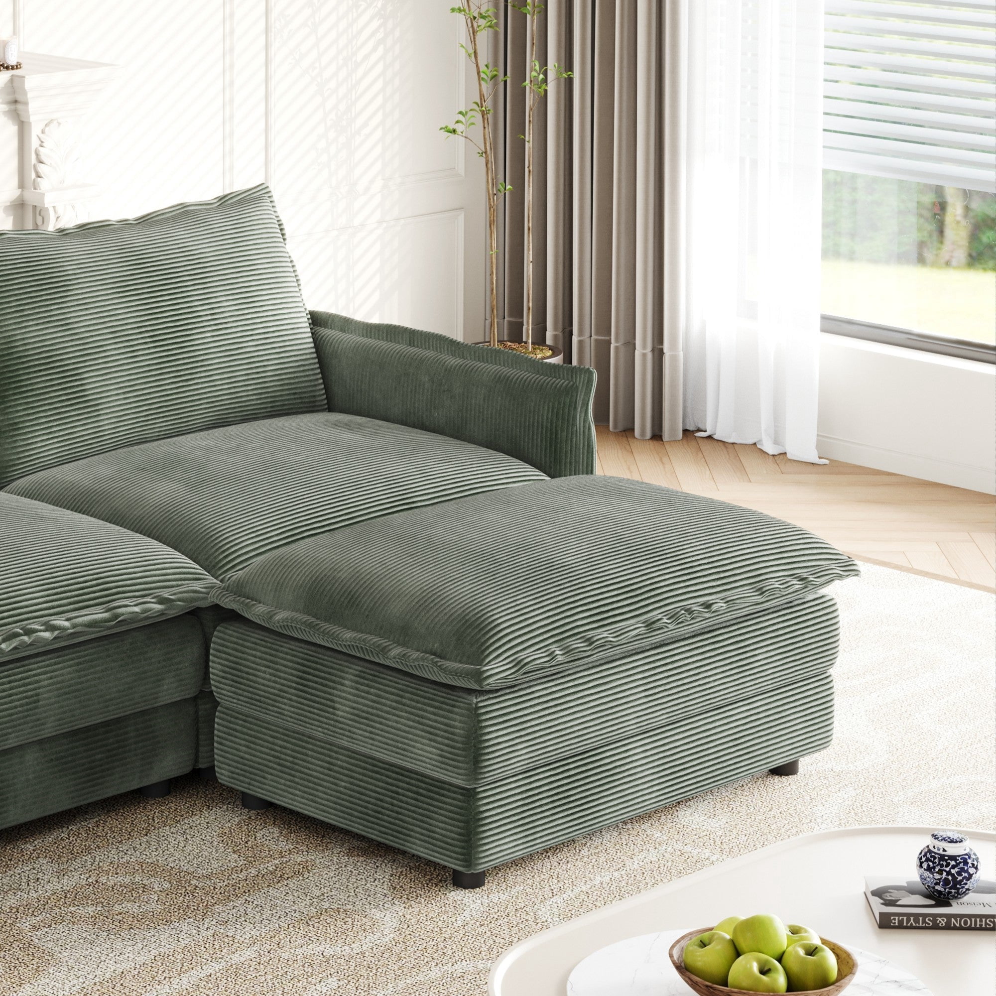 Sailvan 3-Seater Corduroy Sofa with 3 Ottomans, Oversized Deep Seat Cloud Couch for Living Room Green