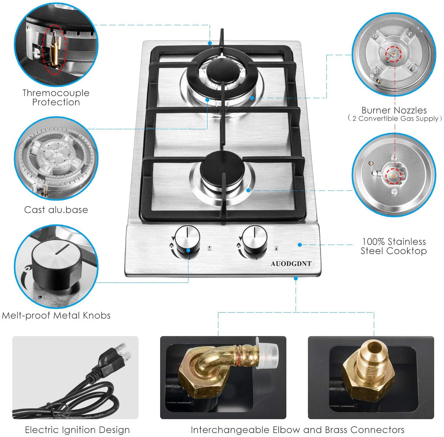LPG/NG and Easy to Clean for RVs Gas Cooktop 2 Burners with 1.5 Volt Battery Outdoor Dual Fuel Gas Hob Apartment 12 Inch Portable Gas Stove Top in Stainless Steel 